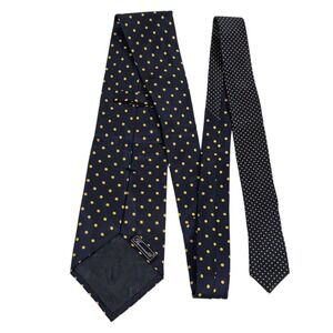 Faconnable Silk Polka Dot Necktie Navy‎ Blue Yellow Handmade Made in France